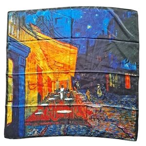 Oversized Satin Square Scarf Art Print Blue Yellow Painting Head Scarf